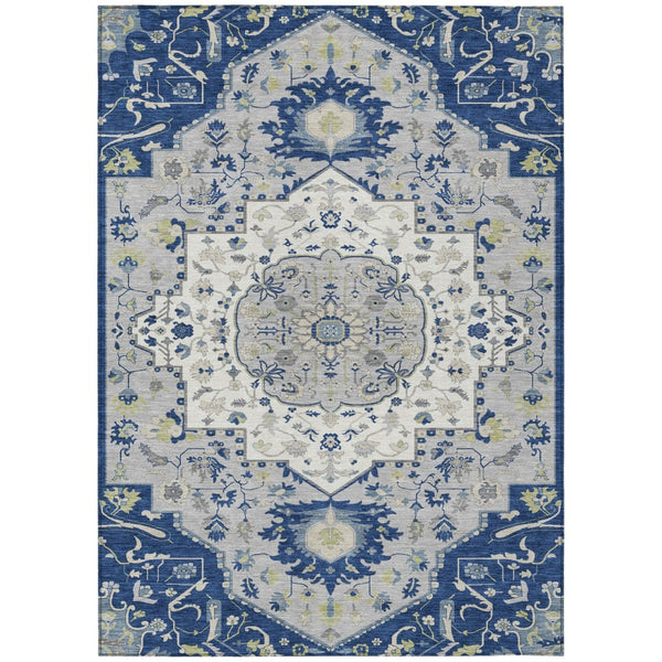 HomeRoots 5' Navy Blue Ivory and Gray Oriental Area Rug - Durable, Washable, Indoor/Outdoor Elegance for Any Space 8' X 10' 596641