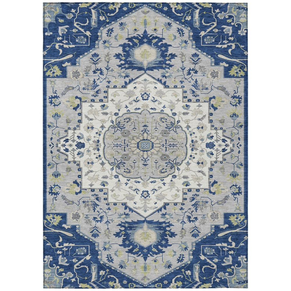 HomeRoots 9' Navy Blue, Ivory & Gray Oriental Area Rug - Washable, Durable, Indoor/Outdoor, Pet-Friendly Design 596642