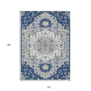 Homeroots 3' Artichoke Green Blue And Ivory Oriental Washable Area Rug For Indoor Or Outdoor Use, Durable Design 10' X 14' Polyester 596643