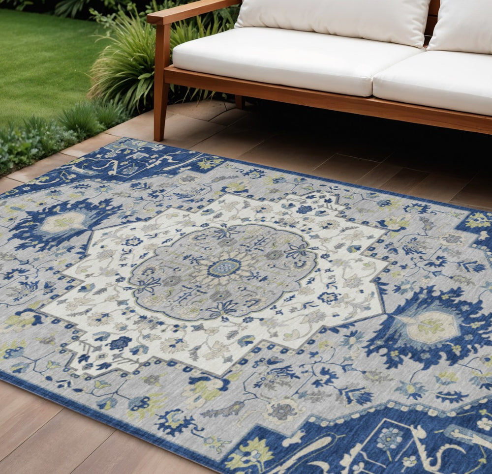 HomeRoots 5' Navy Blue Ivory and Gray Oriental Area Rug - Durable, Washable, Indoor/Outdoor Elegance for Any Space 10' X 14' 596643