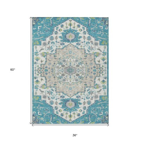 Homeroots 3' Artichoke Green Blue And Ivory Oriental Washable Area Rug For Indoor Or Outdoor Use, Durable Design 3' X 5' Polyester 596644