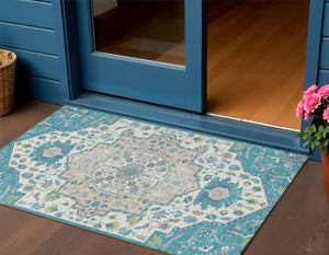 Homeroots 3' Artichoke Green Blue And Ivory Oriental Washable Area Rug For Indoor Or Outdoor Use, Durable Design 3' X 5' Polyester 596644