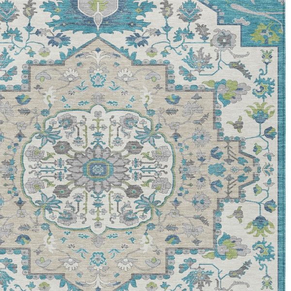 Homeroots 3' Artichoke Green Blue And Ivory Oriental Washable Area Rug For Indoor Or Outdoor Use, Durable Design 3' X 5' Polyester 596644