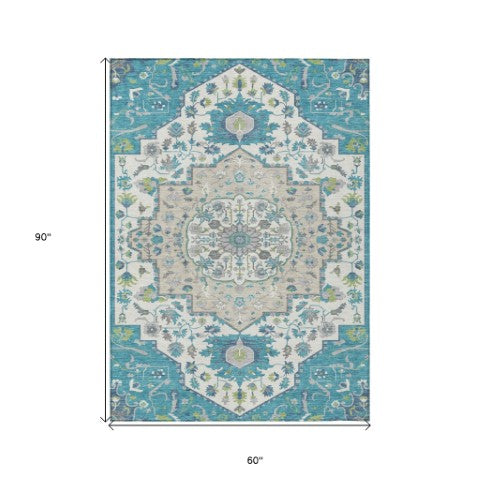 Homeroots 3' Artichoke Green Blue And Ivory Oriental Washable Area Rug For Indoor Or Outdoor Use, Durable Design 5' X 8' Polyester 596645