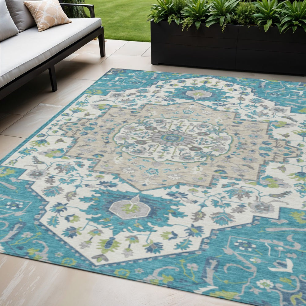 HomeRoots 5' Stylish Teal Blue-Green and Ivory Oriental Area Rug - Durable, Washable for Indoor/Outdoor Use 5' X 8' 596645
