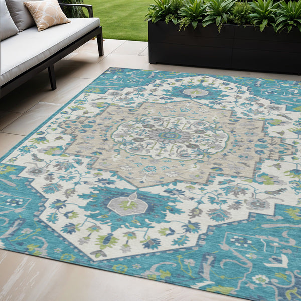 Homeroots 3' Artichoke Green Blue And Ivory Oriental Washable Area Rug For Indoor Or Outdoor Use, Durable Design 5' X 8' Polyester 596645