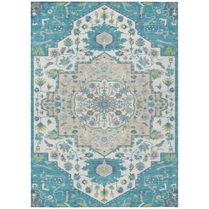 HomeRoots 5' Stylish Teal Blue-Green and Ivory Oriental Area Rug - Durable, Washable for Indoor/Outdoor Use 5' X 8' 596645