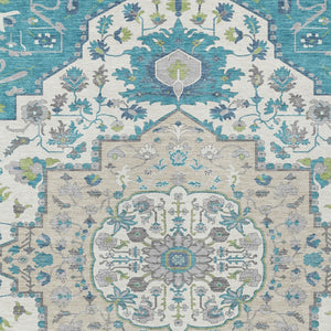 Homeroots 3' Artichoke Green Blue And Ivory Oriental Washable Area Rug For Indoor Or Outdoor Use, Durable Design 5' X 8' Polyester 596645