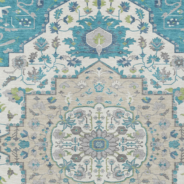 Homeroots 3' Artichoke Green Blue And Ivory Oriental Washable Area Rug For Indoor Or Outdoor Use, Durable Design 5' X 8' Polyester 596645