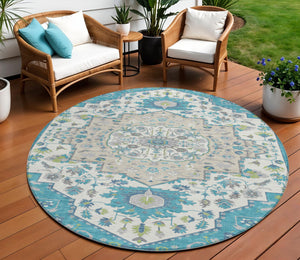 Homeroots 3' Artichoke Green Blue And Ivory Oriental Washable Area Rug For Indoor Or Outdoor Use, Durable Design 8' Round Polyester 596646