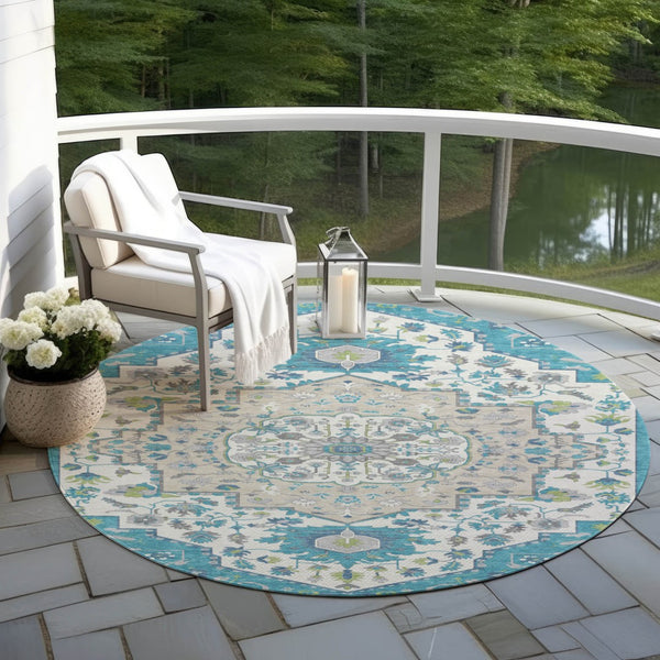 Homeroots 3' Artichoke Green Blue And Ivory Oriental Washable Area Rug For Indoor Or Outdoor Use, Durable Design 8' Round Polyester 596646