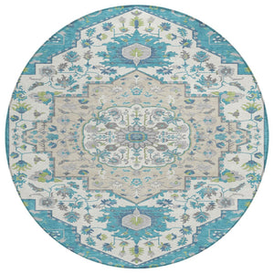 HomeRoots 5' Stylish Teal Blue-Green and Ivory Oriental Area Rug - Durable, Washable for Indoor/Outdoor Use 8' Round 596646