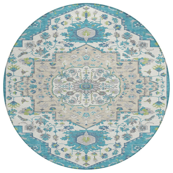 HomeRoots 5' Stylish Teal Blue-Green and Ivory Oriental Area Rug - Durable, Washable for Indoor/Outdoor Use 8' Round 596646
