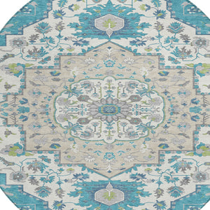 Homeroots 3' Artichoke Green Blue And Ivory Oriental Washable Area Rug For Indoor Or Outdoor Use, Durable Design 8' Round Polyester 596646