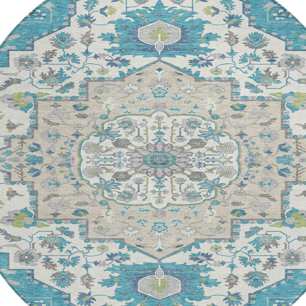 Homeroots 3' Artichoke Green Blue And Ivory Oriental Washable Area Rug For Indoor Or Outdoor Use, Durable Design 8' Round Polyester 596646