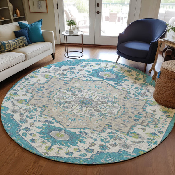 Homeroots 3' Artichoke Green Blue And Ivory Oriental Washable Area Rug For Indoor Or Outdoor Use, Durable Design 8' Round Polyester 596646