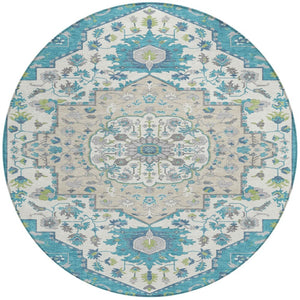 Homeroots 3' Artichoke Green Blue And Ivory Oriental Washable Area Rug For Indoor Or Outdoor Use, Durable Design 8' Round Polyester 596646