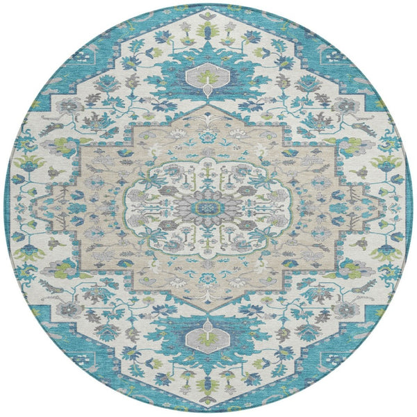 Homeroots 3' Artichoke Green Blue And Ivory Oriental Washable Area Rug For Indoor Or Outdoor Use, Durable Design 8' Round Polyester 596646
