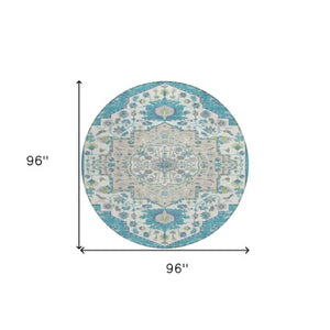 Homeroots 3' Artichoke Green Blue And Ivory Oriental Washable Area Rug For Indoor Or Outdoor Use, Durable Design 8' Round Polyester 596646