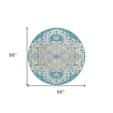 Homeroots 3' Artichoke Green Blue And Ivory Oriental Washable Area Rug For Indoor Or Outdoor Use, Durable Design 8' Round Polyester 596646