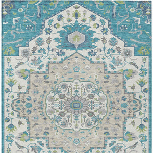 Homeroots 3' Artichoke Green Blue And Ivory Oriental Washable Area Rug For Indoor Or Outdoor Use, Durable Design 8' X 10' Polyester 596647