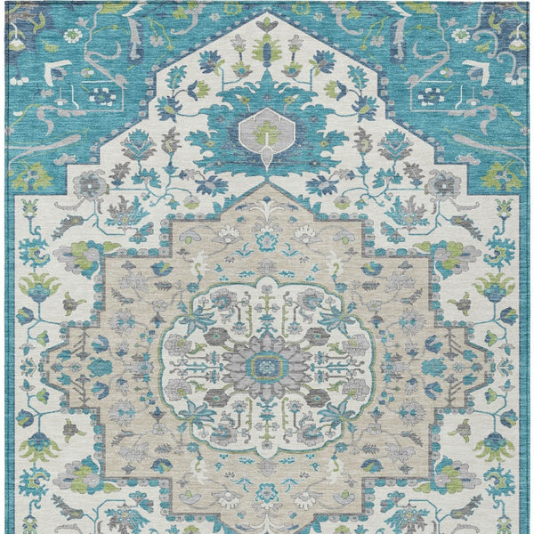 Homeroots 3' Artichoke Green Blue And Ivory Oriental Washable Area Rug For Indoor Or Outdoor Use, Durable Design 8' X 10' Polyester 596647