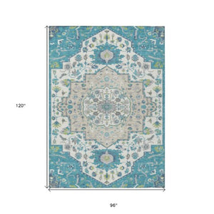 Homeroots 3' Artichoke Green Blue And Ivory Oriental Washable Area Rug For Indoor Or Outdoor Use, Durable Design 8' X 10' Polyester 596647