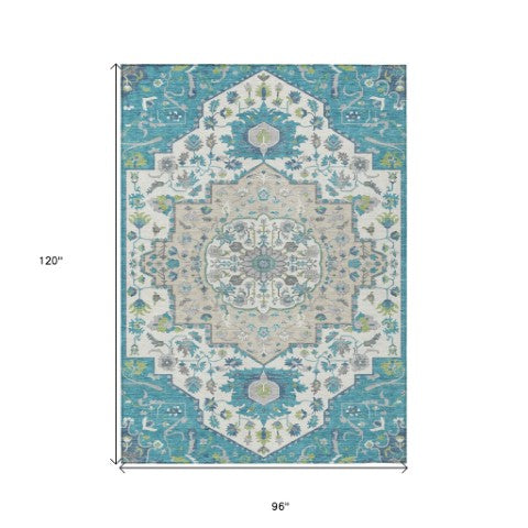 Homeroots 3' Artichoke Green Blue And Ivory Oriental Washable Area Rug For Indoor Or Outdoor Use, Durable Design 8' X 10' Polyester 596647