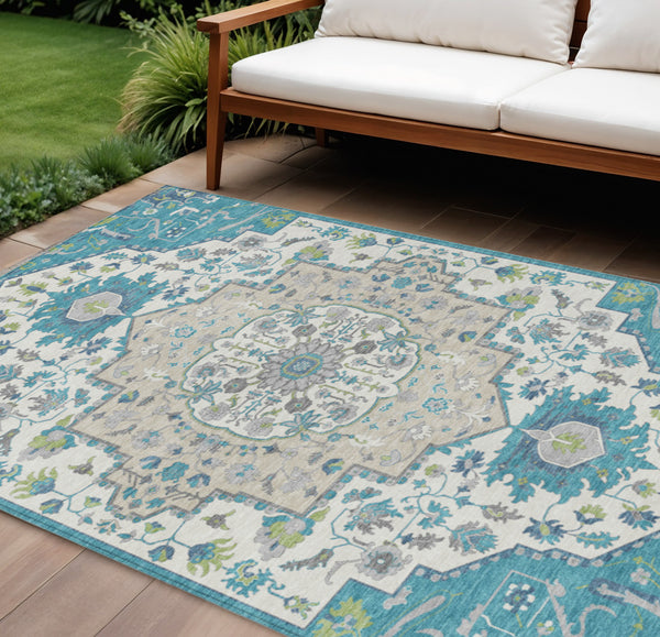 Homeroots 3' Artichoke Green Blue And Ivory Oriental Washable Area Rug For Indoor Or Outdoor Use, Durable Design 8' X 10' Polyester 596647