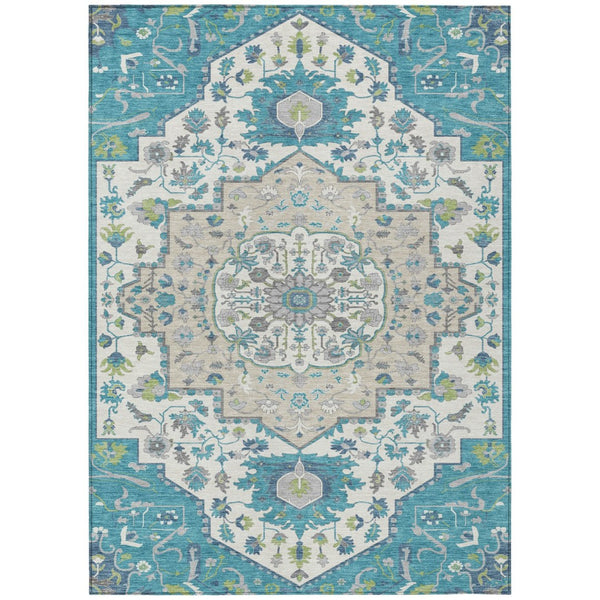 HomeRoots 5' Stylish Teal Blue-Green and Ivory Oriental Area Rug - Durable, Washable for Indoor/Outdoor Use 8' X 10' 596647