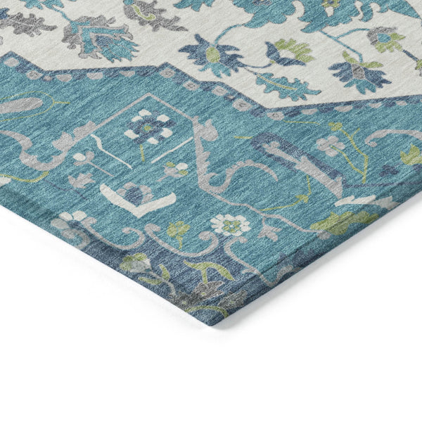 Homeroots 3' Artichoke Green Blue And Ivory Oriental Washable Area Rug For Indoor Or Outdoor Use, Durable Design 8' X 10' Polyester 596647