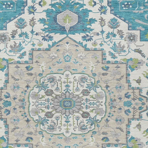 Homeroots 3' Artichoke Green Blue And Ivory Oriental Washable Area Rug For Indoor Or Outdoor Use, Durable Design 8' X 10' Polyester 596647