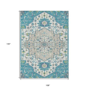 Homeroots 3' Artichoke Green Blue And Ivory Oriental Washable Area Rug For Indoor Or Outdoor Use, Durable Design 9' X 12' Polyester 596648