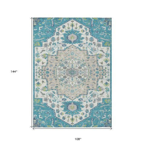 Homeroots 3' Artichoke Green Blue And Ivory Oriental Washable Area Rug For Indoor Or Outdoor Use, Durable Design 9' X 12' Polyester 596648