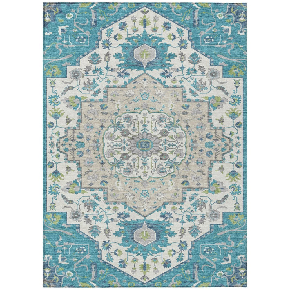 HomeRoots 9' X 12' Stylish Teal Blue Green Ivory Oriental Area Rug - Durable, Washable, Indoor & Outdoor Use 596648