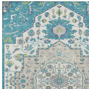 Homeroots 3' Artichoke Green Blue And Ivory Oriental Washable Area Rug For Indoor Or Outdoor Use, Durable Design 9' X 12' Polyester 596648