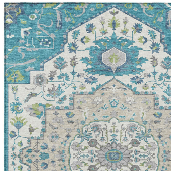 Homeroots 3' Artichoke Green Blue And Ivory Oriental Washable Area Rug For Indoor Or Outdoor Use, Durable Design 9' X 12' Polyester 596648