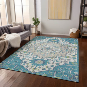 Homeroots 3' Artichoke Green Blue And Ivory Oriental Washable Area Rug For Indoor Or Outdoor Use, Durable Design 9' X 12' Polyester 596648