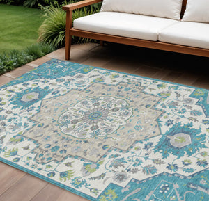 Homeroots 3' Artichoke Green Blue And Ivory Oriental Washable Area Rug For Indoor Or Outdoor Use, Durable Design 10' X 14' Polyester 596649