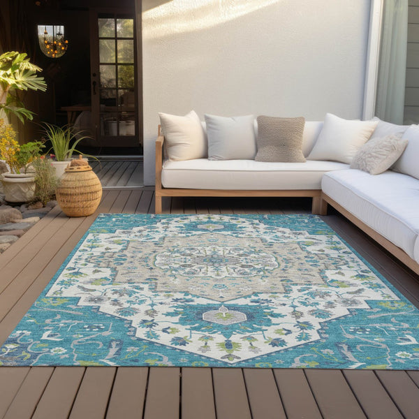 Homeroots 3' Artichoke Green Blue And Ivory Oriental Washable Area Rug For Indoor Or Outdoor Use, Durable Design 10' X 14' Polyester 596649
