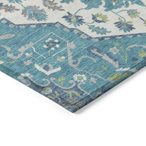 Homeroots 3' Artichoke Green Blue And Ivory Oriental Washable Area Rug For Indoor Or Outdoor Use, Durable Design 10' X 14' Polyester 596649