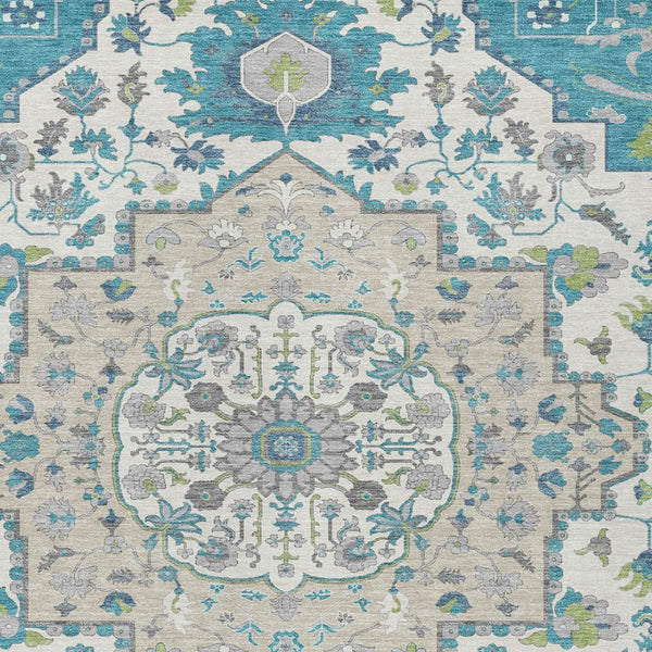 Homeroots 3' Artichoke Green Blue And Ivory Oriental Washable Area Rug For Indoor Or Outdoor Use, Durable Design 10' X 14' Polyester 596649