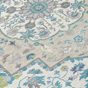 Homeroots 3' Artichoke Green Blue And Ivory Oriental Washable Area Rug For Indoor Or Outdoor Use, Durable Design 10' X 14' Polyester 596649