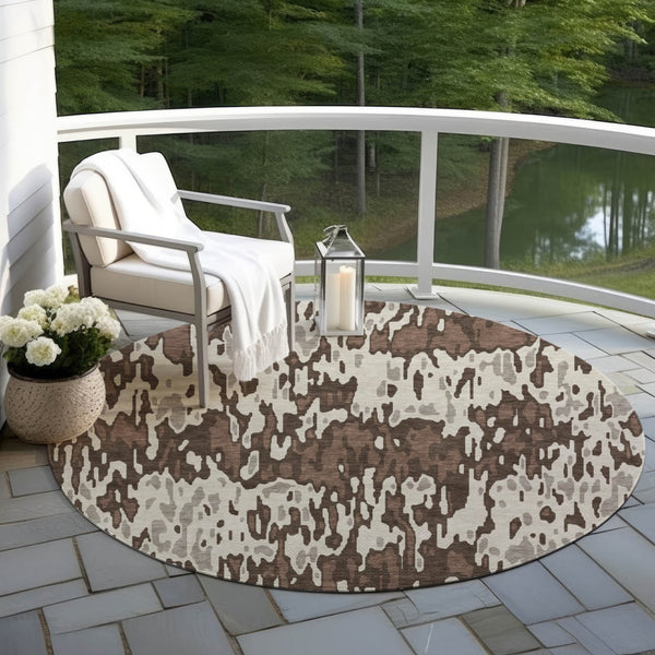 Homeroots 3' Washable Brown Beige And Gray Striped Area Rug For Indoor And Outdoor High Traffic Spaces 8' Round Polyester 596652