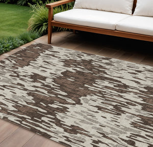 Homeroots 3' Washable Brown Beige And Gray Striped Area Rug For Indoor And Outdoor High Traffic Spaces 8' X 10' Polyester 596653
