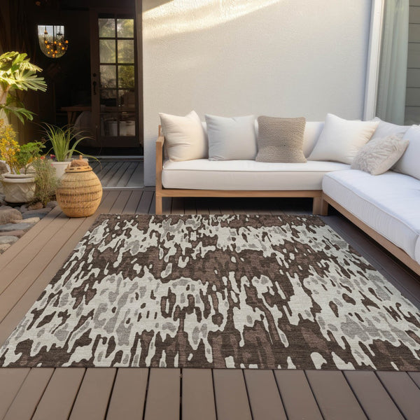 Homeroots 3' Washable Brown Beige And Gray Striped Area Rug For Indoor And Outdoor High Traffic Spaces 8' X 10' Polyester 596653