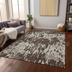Homeroots 3' Washable Brown Beige And Gray Striped Area Rug For Indoor And Outdoor High Traffic Spaces 8' X 10' Polyester 596653