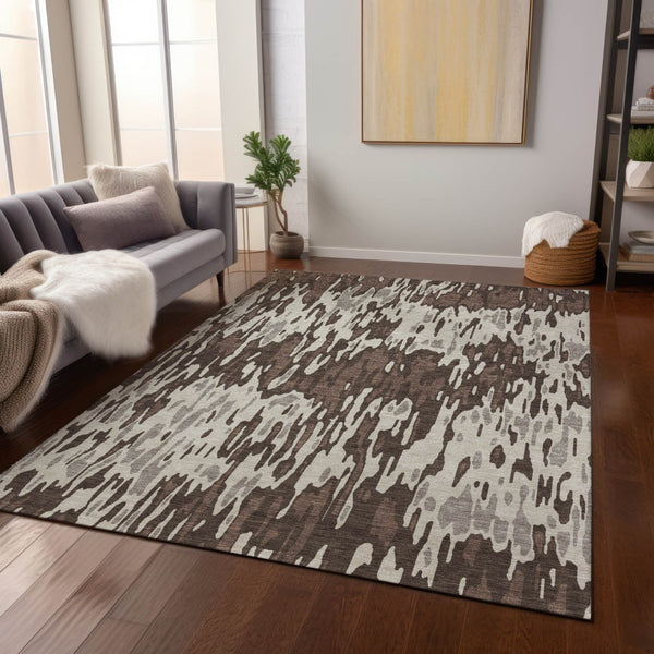 Homeroots 3' Washable Brown Beige And Gray Striped Area Rug For Indoor And Outdoor High Traffic Spaces 8' X 10' Polyester 596653
