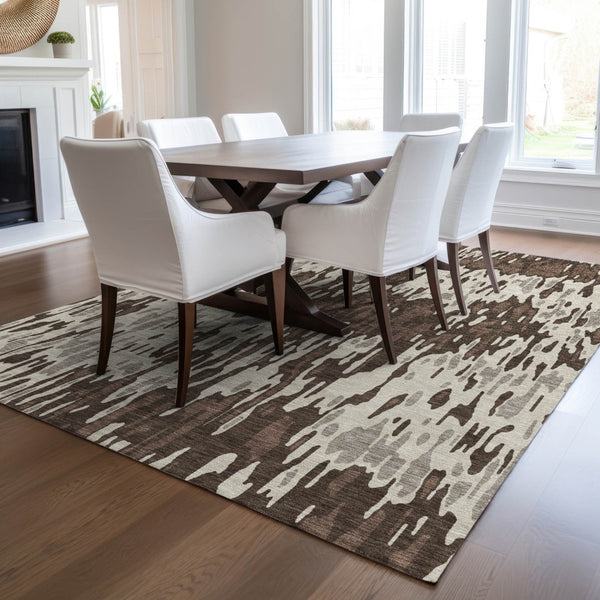 Homeroots 3' Washable Brown Beige And Gray Striped Area Rug For Indoor And Outdoor High Traffic Spaces 10' X 14' Polyester 596655