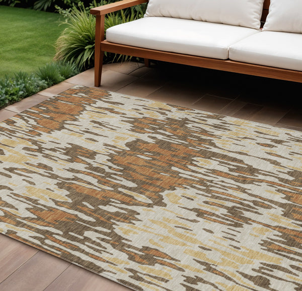 Homeroots 3' Washable Brown Beige And Gray Striped Area Rug For Indoor And Outdoor High Traffic Spaces 9' X 12' Polyester 596666